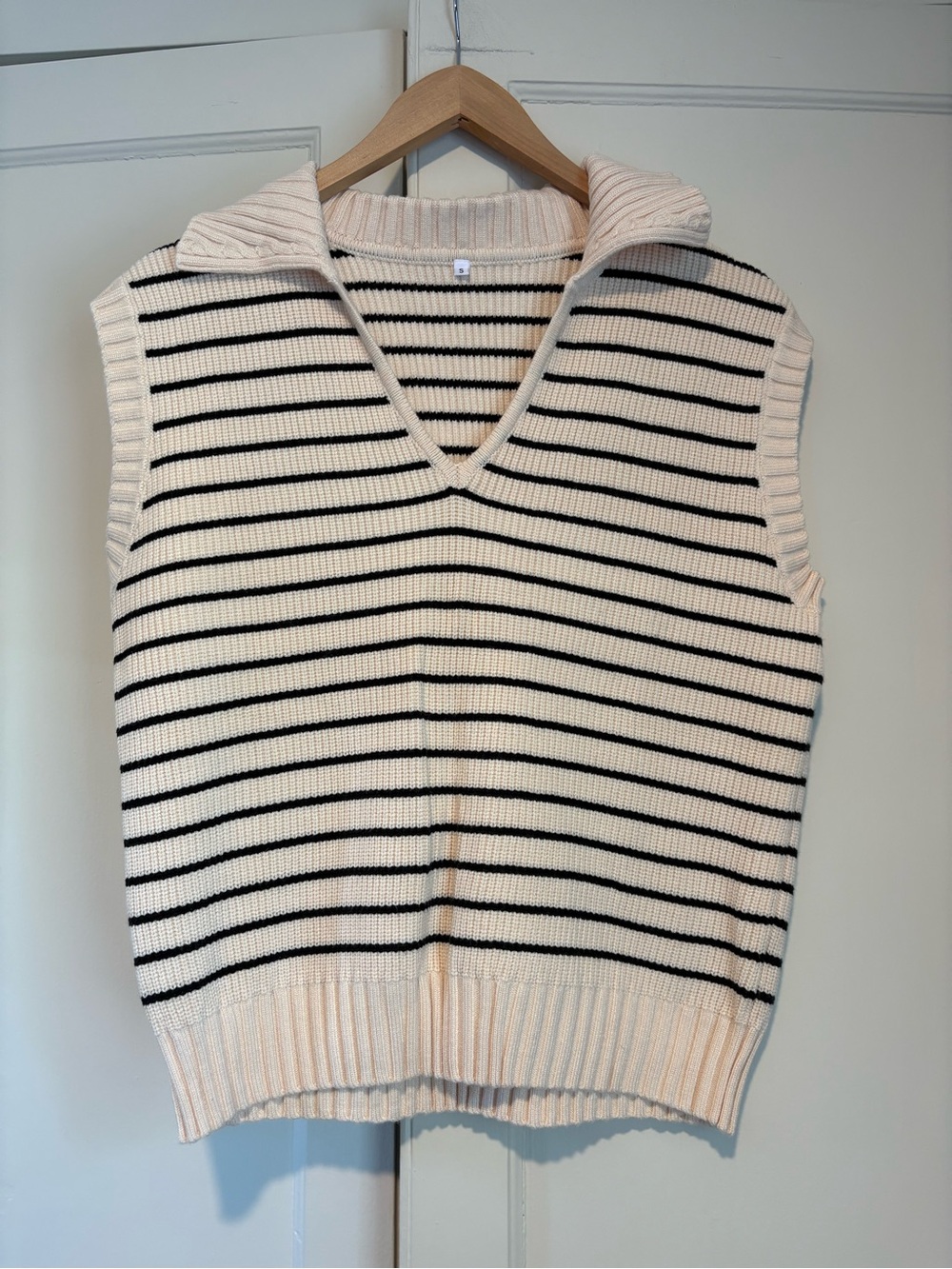 Cream and Black Striped Knit Collared Vest